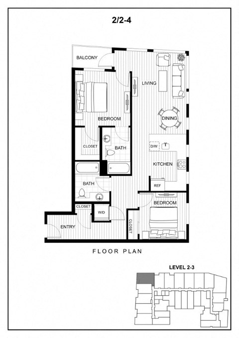Floor plan for 2 beds, 2 baths, 996 sqft